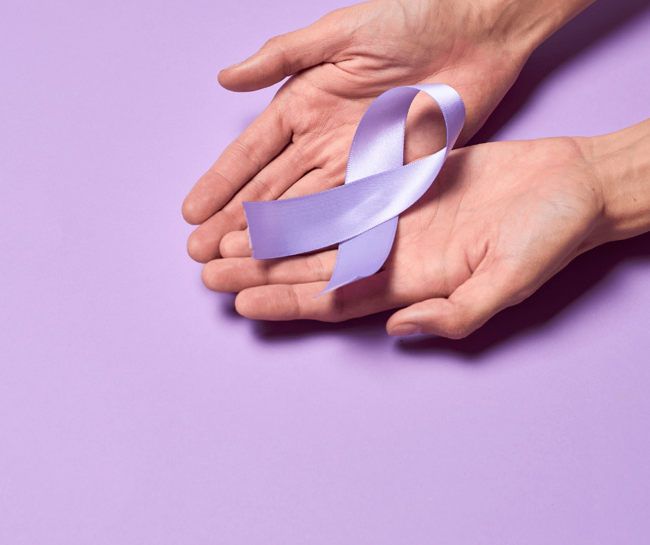 image shows two hands on a light purple background holding a purple ribbon
